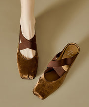 Retro Cross Strap Splicing Chunky Brown Cowhide Leather Slide Sandals