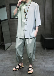 Retro Cyan Stand Collar Patchwork Ice Silk Men Shirt And Crop Pants Two Piece Set Half Sleeve