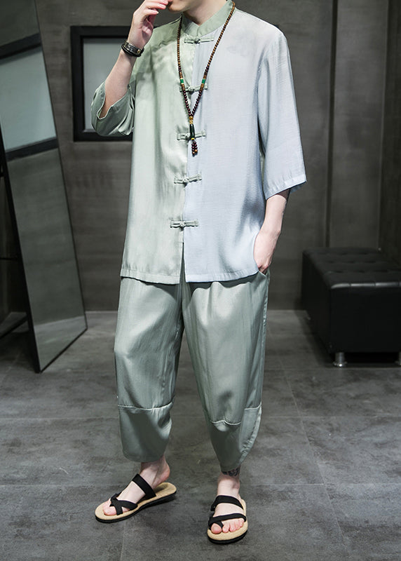 Retro Cyan Stand Collar Patchwork Ice Silk Men Shirt And Crop Pants Two Piece Set Half Sleeve