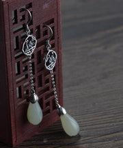 Retro Cyan Sterling Silver Jade Plum Blossom Drop Earrings