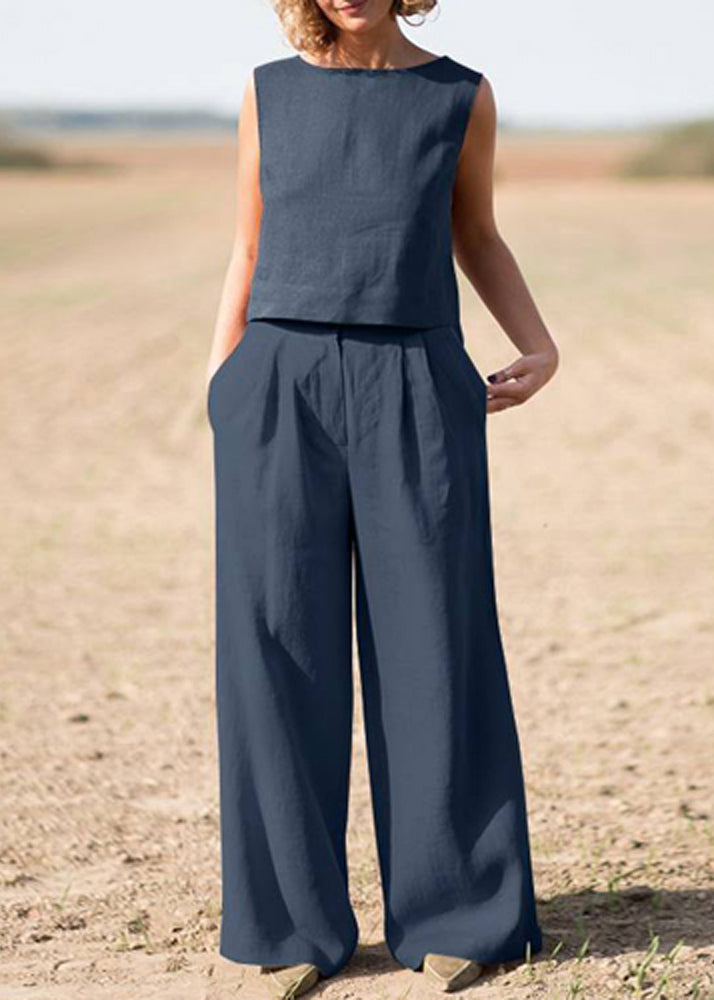 Retro Dark Blue Cotton And Linen Casual Loose Suit