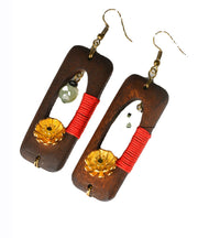 Retro Dark Brown Copper Floral Jade Rectangular Wooden Block Drop Earrings