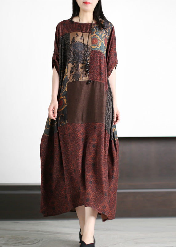 Retro Dark Red Patchwork Print Cozy Silk Maxi Dresses Summer