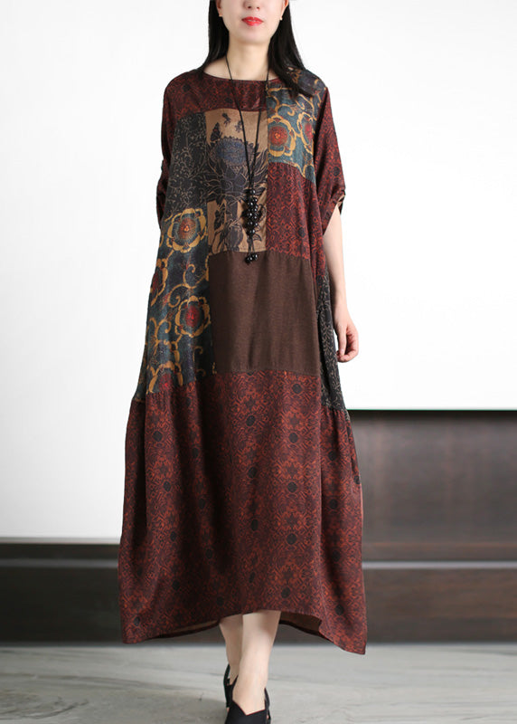 Retro Dark Red Patchwork Print Cozy Silk Maxi Dresses Summer