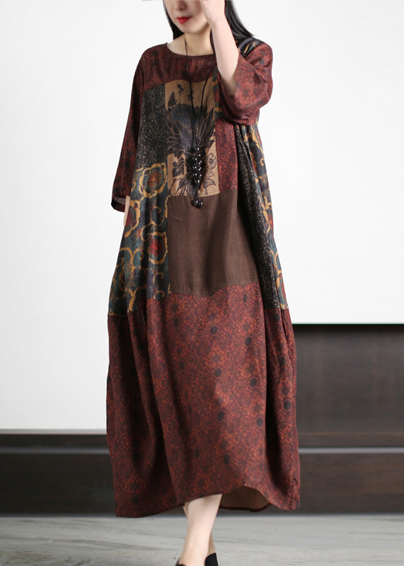 Retro Dark Red Patchwork Print Cozy Silk Maxi Dresses Summer