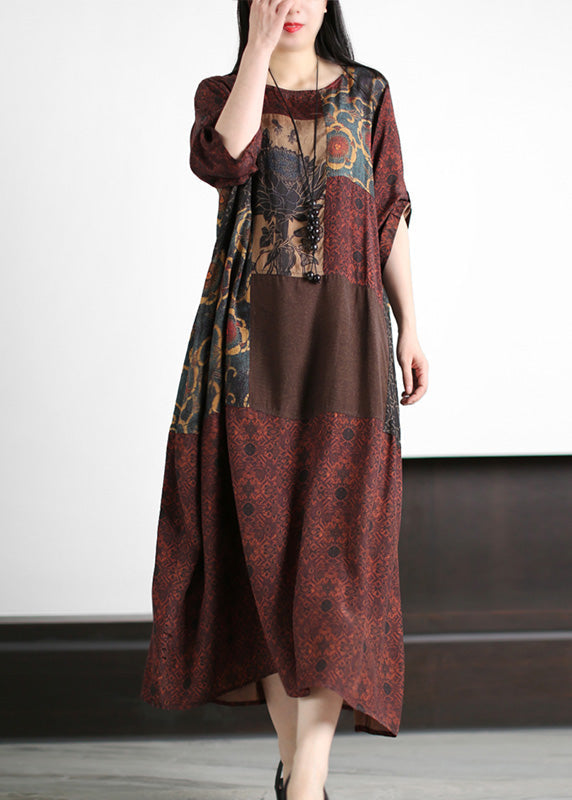 Retro Dark Red Patchwork Print Cozy Silk Maxi Dresses Summer