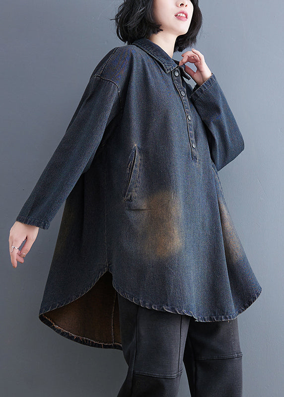 Retro Datrk Blue Peter Pan Collar Button Patchwork Denim Coats Long Sleeve