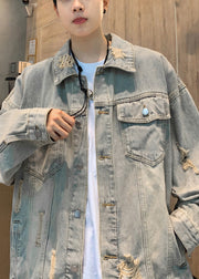 Retro Denim Blue Hole Button Pockets Denim Mens Coats Spring