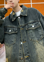 Retro Denim Blue Hole Button Pockets Denim Mens Coats Spring