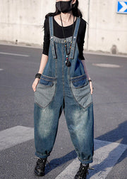 Retro Denim Blue Patchwork Button Harem Jumpsuit Spring