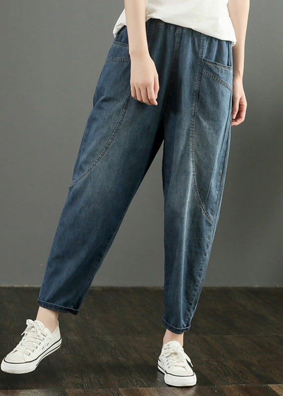 Retro Denim Blue Patchwork High Waist Crop Pants Summer