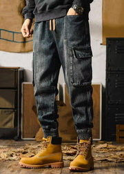 Retro Denim Blue Pockets Men Beam Pants Elastic Waist Spring