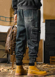 Retro Denim Blue Pockets Men Beam Pants Elastic Waist Spring