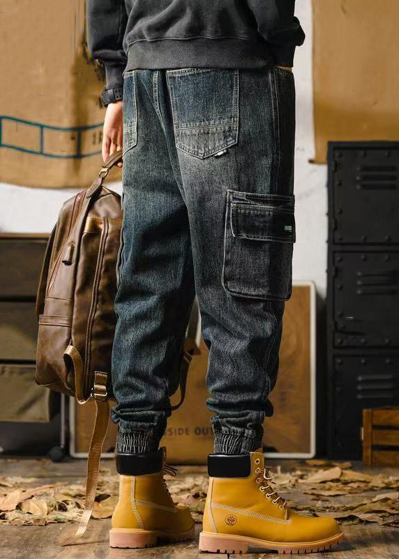 Retro Denim Blue Pockets Men Beam Pants Elastic Waist Spring