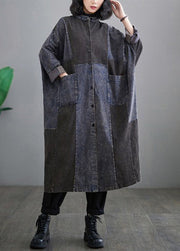 Retro Denim Blue Pockets Patchwork Button Long Trench Coats Long Sleeve