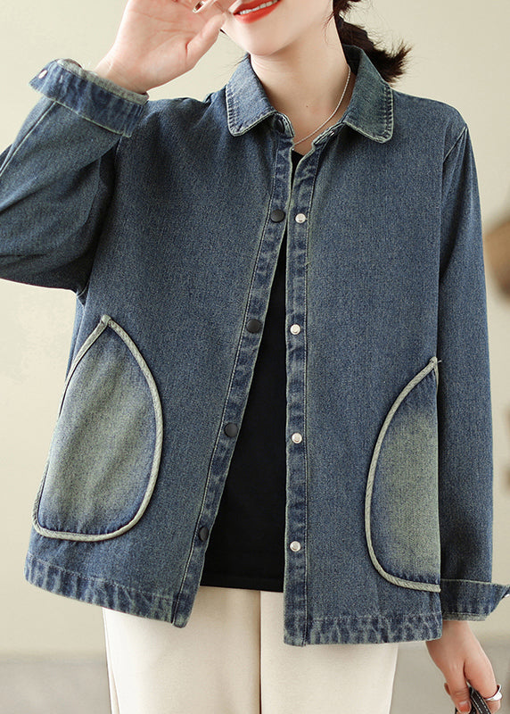 Retro Denim Blue Pockets Patchwork Coats Spring