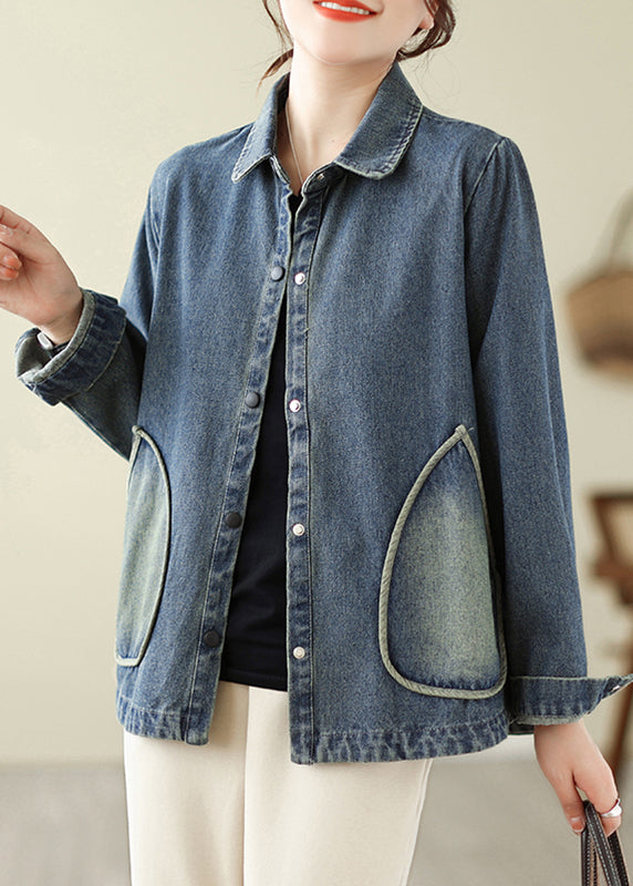 Retro Denim Blue Pockets Patchwork Coats Spring