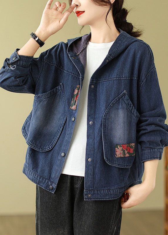 Retro Denim Blue Pockets Print Hooded Coats Fall