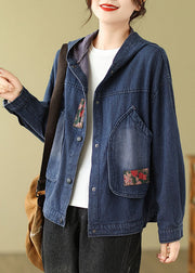 Retro Denim Blue Pockets Print Hooded Coats Fall