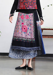 Retro Embroideried Pockets Floral Elastic Waist Cotton A Line Skirt Fall