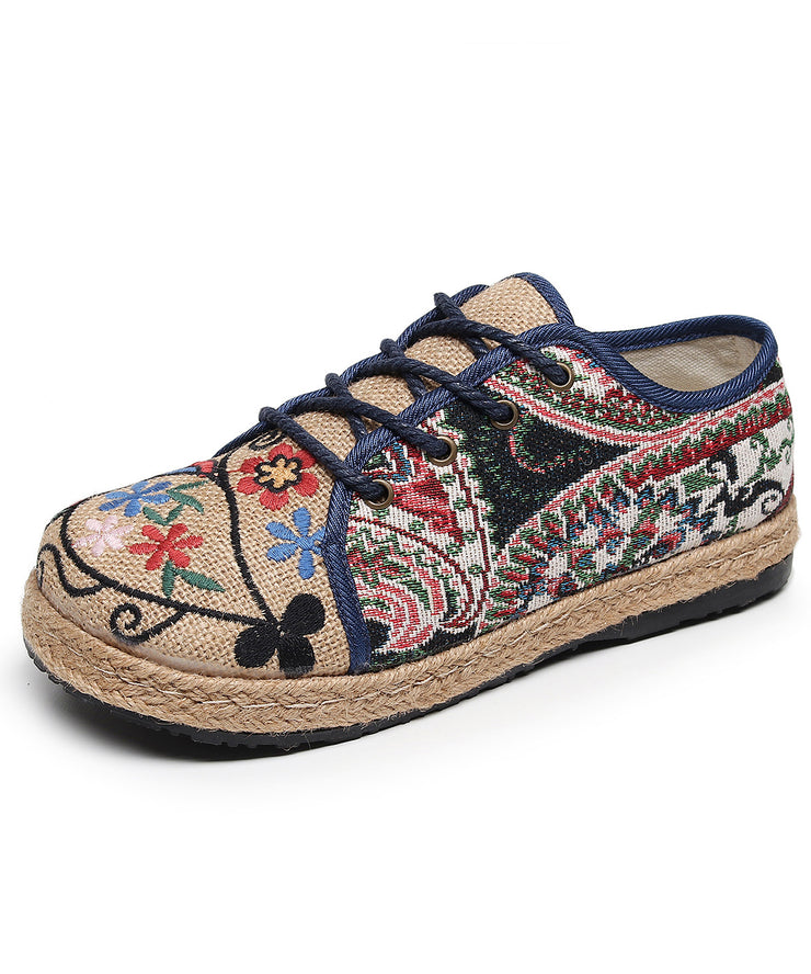 Retro Ethnic Style Embroidered Lace Up Linen Flat Shoes