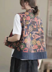 Retro Floral Colour Stand Collar Print Button low high design Waistcoat Sleeveless