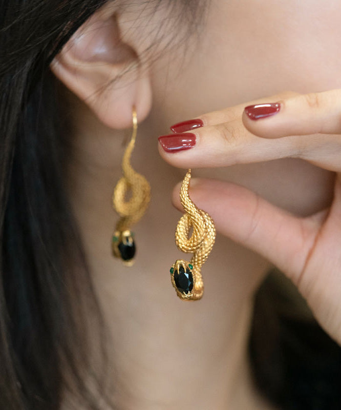 Retro Gold 14K Gold Black Agate Emerald Snakelike Drop Earrings