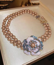 Retro Gold Copper Alloy Zircon Double Layer Pearl Floral Princess Necklace