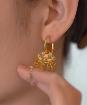 Retro Gold Copper Drip Glaze Enamel Ruyi Tassel Drop Earrings