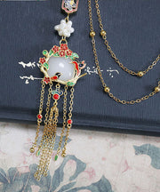 Retro Gold Overgild Pearl Jade Floral Little Bird Tassel Brooch