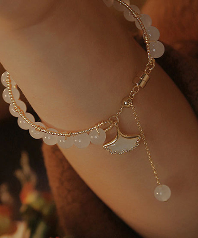 Retro Gold Sterling Silver Alloy Ginkgo Leaves Beading Tassel Charm Bracelet