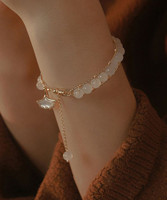 Retro Gold Sterling Silver Alloy Ginkgo Leaves Beading Tassel Charm Bracelet