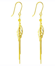 Retro Gold Sterling Silver Overgild Hollow Out Leaves Tassel Drop Earrings