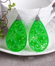 Retro Gold Sterling Silver Overgild Tocantins Jade Hollow Out Drop Earrings