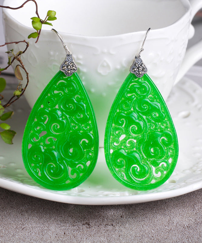 Retro Gold Sterling Silver Overgild Tocantins Jade Hollow Out Drop Earrings