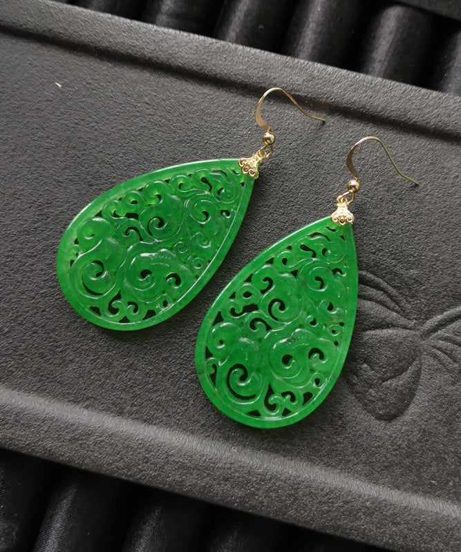 Retro Gold Sterling Silver Overgild Tocantins Jade Hollow Out Drop Earrings