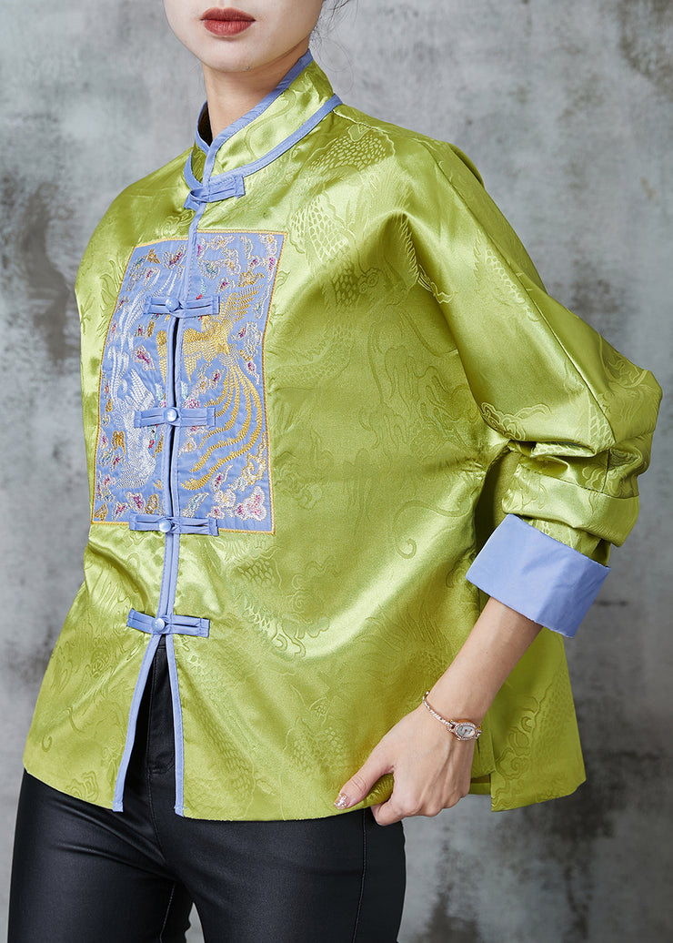 Retro Grass Green Embroidered Patchwork Silk Coat Outwear Spring