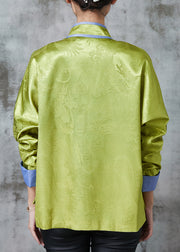 Retro Grass Green Embroidered Patchwork Silk Coat Outwear Spring