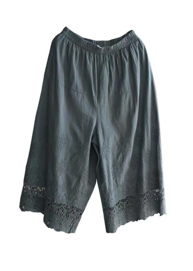 Retro Grayish Blue Hollow Out Embroideried Wide Leg Crop Pants Summer