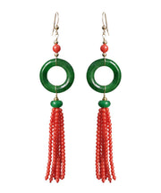 Retro Green 14K Gold Jade Tassel Circle Drop Earrings