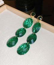 Retro Green Alloy Acrylic Zircon Oval Tassel Drop Earrings
