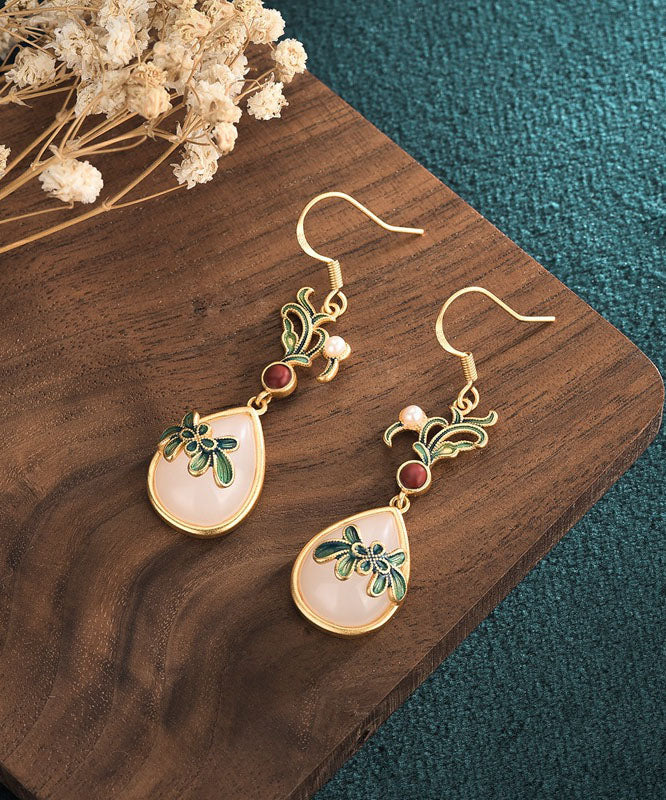 Retro Green Ancient Gold Jade Agate Cloisonne Drop Earrings