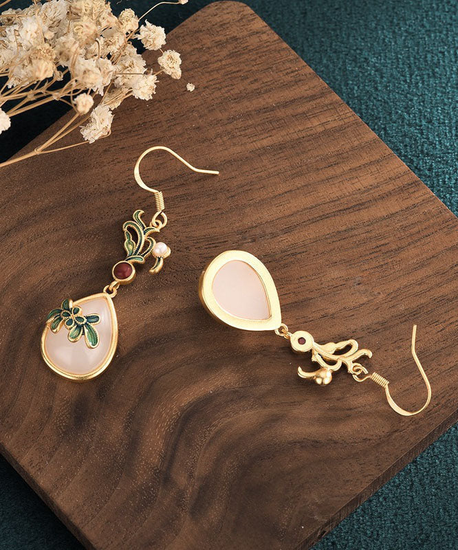 Retro Green Ancient Gold Jade Agate Cloisonne Drop Earrings