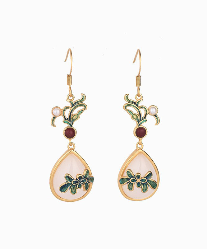 Retro Green Ancient Gold Jade Agate Cloisonne Drop Earrings