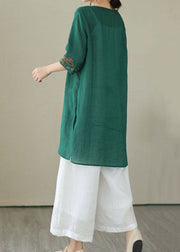 Retro Green Embroideried Patchwork Linen Mid Dresses Summer