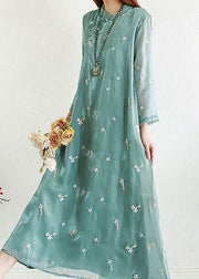 Retro Green Embroideried Patchwork Long Silk Dresses Summer