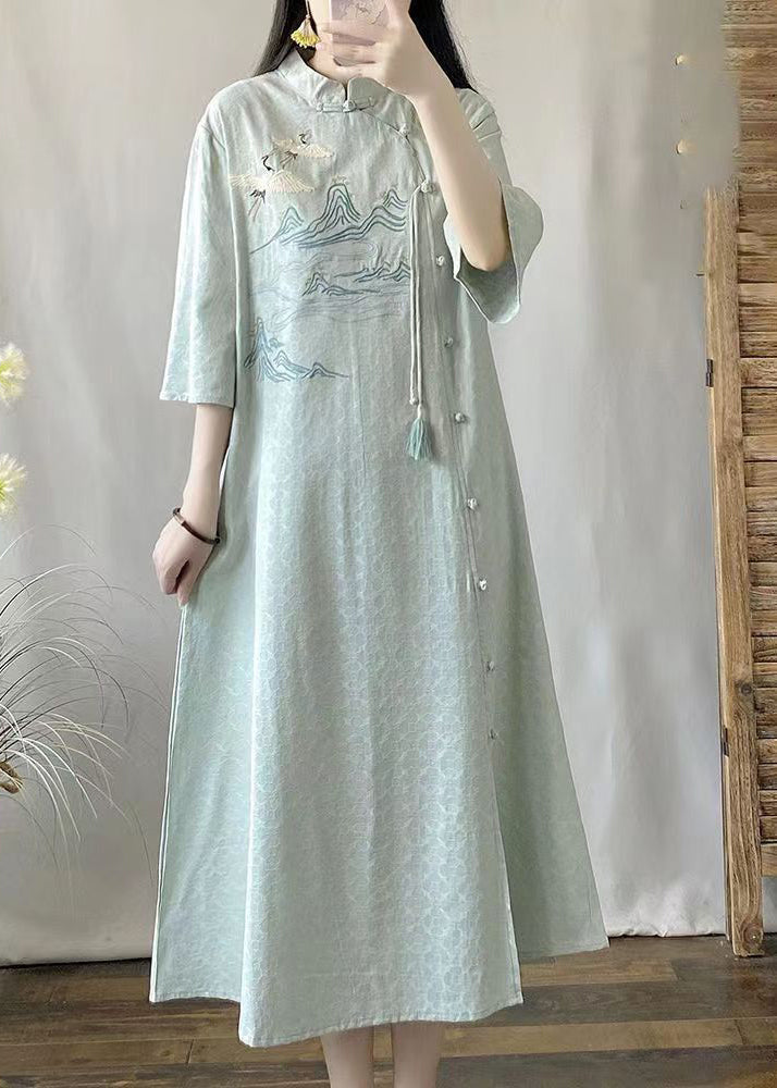 Retro Green Embroidered Tasseled Patchwork Linen Dress Summer