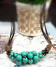 Retro Green Faux Leather Turquoise Graduated Bead Necklace