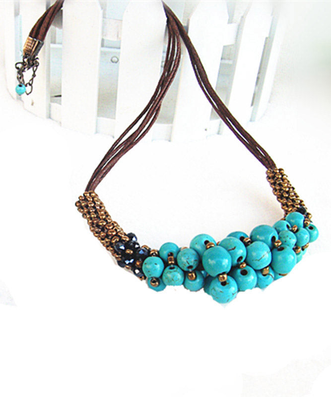 Retro Green Faux Leather Turquoise Graduated Bead Necklace