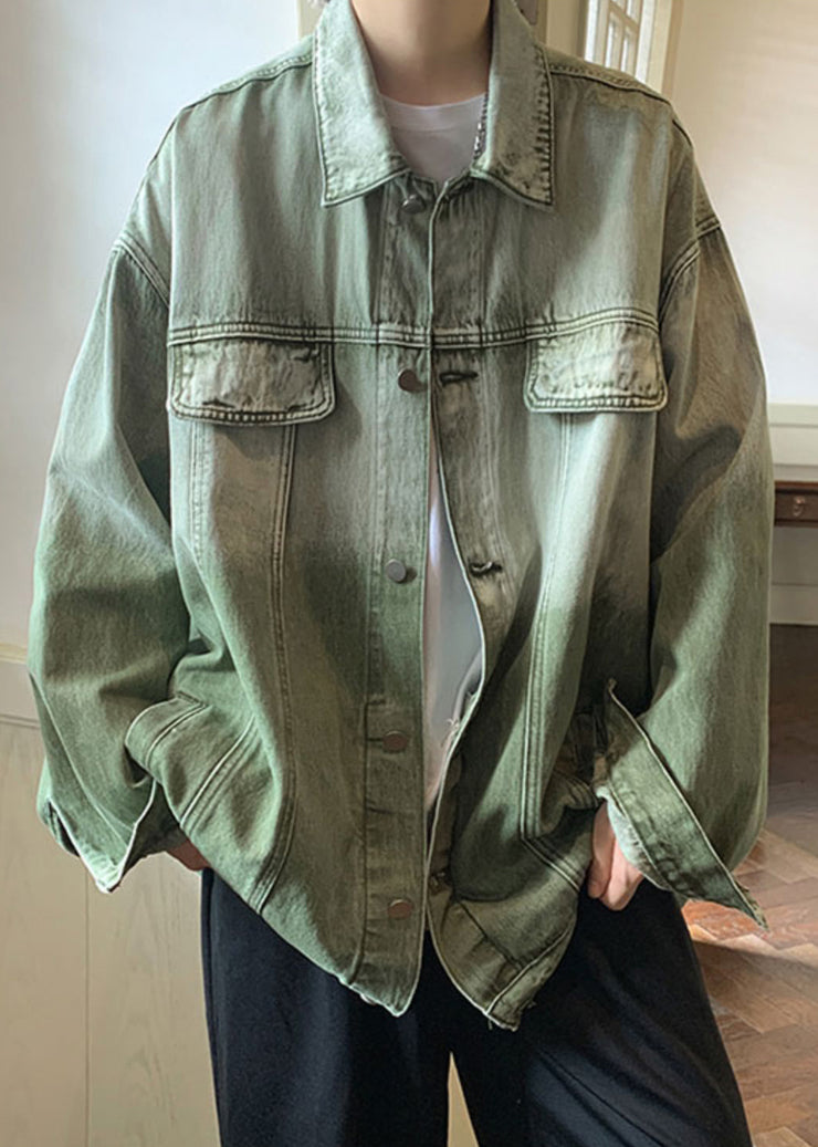 Retro Green Gradient Color Letter Denim Men Coat Spring